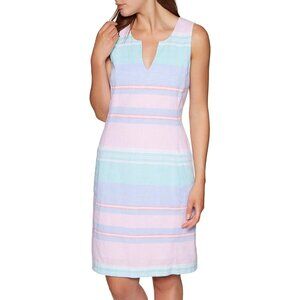 Joules Size 6 Pink Blue Stripe Elayna Linen Sleeveless Split Neck Shift Dress